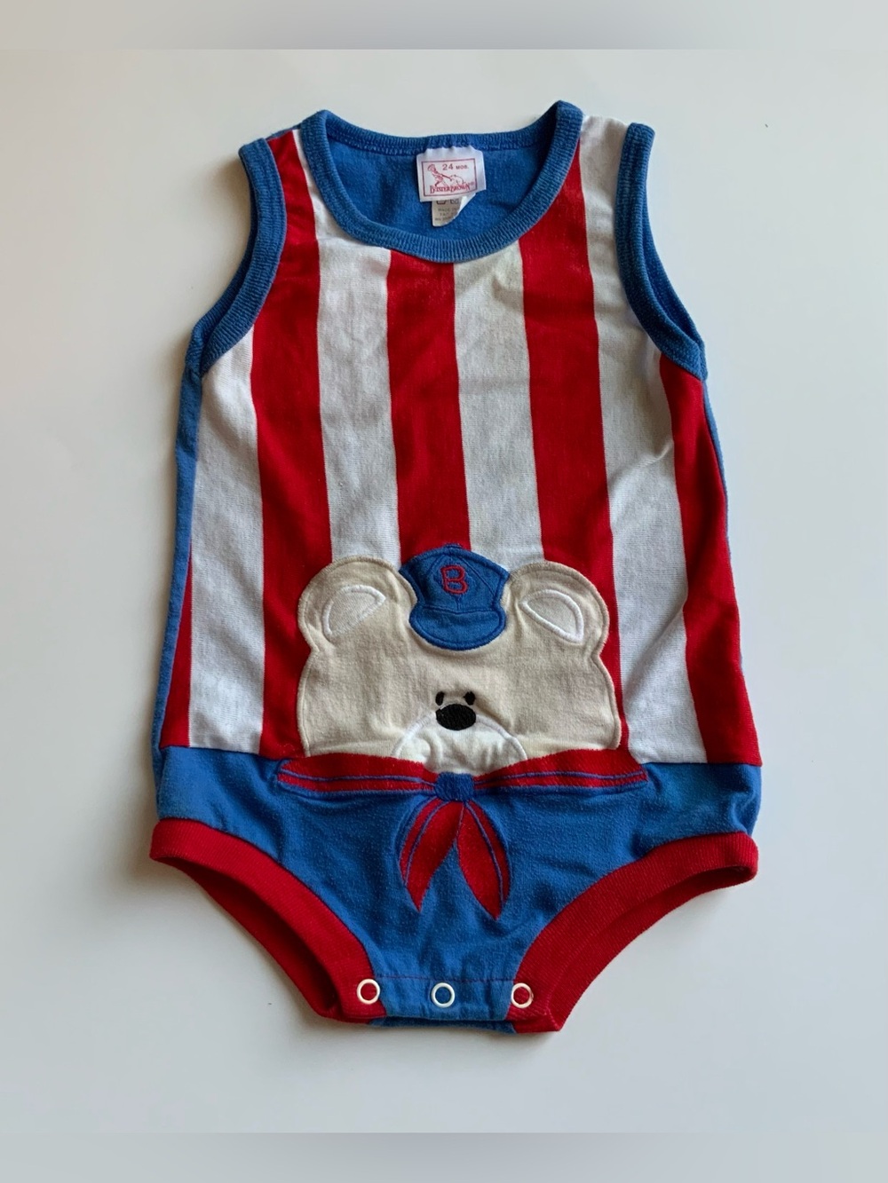 Vintage 80s Kids Red & White Striped Bear One-Piece Romper